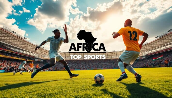 A dynamic football match scene featuring the "AFRICA TOP SPORTS" brand logo, showcasing the top-ranked African club teams in their finest form. The foreground depicts a heated clash between two elite squads, players battling for possession on a well-manicured pitch under a vibrant, sun-drenched sky. The middle ground reveals a bustling stadium backdrop, filled with enthusiastic fans waving their national flags and banners. In the distance, a panoramic view of the city skyline sets the scene, hinting at the global significance of this prestigious African football competition. Crisp, high-contrast lighting and a cinematic camera angle heighten the intensity and drama of the moment, capturing the essence of the continent's most celebrated club football achievements.