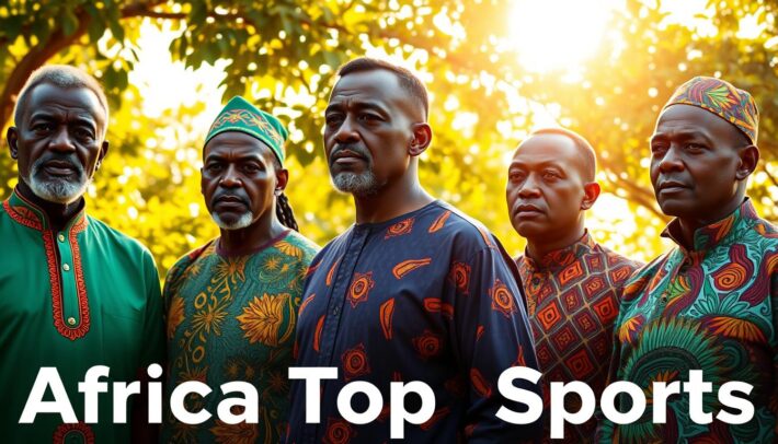 A dynamic group of African soccer coaches, donning vibrant traditional attire, stands in a sun-dappled outdoor setting. Warm, golden light filters through lush, verdant foliage, casting intriguing shadows across their pensive expressions. Their postures exude a sense of confidence and determination, hinting at the strategic prowess that has propelled African teams to new heights on the global stage. In the foreground, the text "Africa Top Sports" appears, subtly underscoring the publication's focus on the rise of these talented African tacticians.