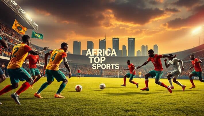 A dynamic, high-energy scene of the top African football teams in action. In the foreground, players in vibrant national team jerseys clash on an impeccably manicured grass pitch, their muscles rippling as they compete fiercely for the ball. In the middle ground, passionate fans in the stadium stands wave flags and cheer, creating an electric atmosphere. In the background, the iconic skyline of a modern African city provides a dramatic backdrop, with the "AFRICA TOP SPORTS" logo prominently displayed. Dramatic, cinematic lighting casts dramatic shadows and highlights the power and skill of the players. The overall mood is one of national pride, athletic excellence, and the unstoppable energy of African football.