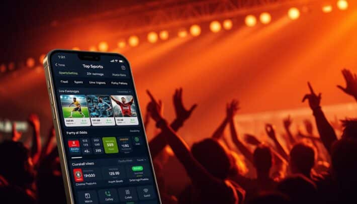 A dynamic sports betting application interface by Africa Top Sports, showcasing the many advantages of mobile sports betting. A sleek, modern design with a vibrant color scheme and intuitive controls. The foreground depicts various sports betting options such as live matches, odds, and betslips, while the background features silhouettes of enthusiastic sports fans cheering. Warm lighting and a sense of excitement and anticipation permeate the scene, conveying the thrill and convenience of mobile sports betting.