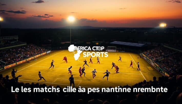 A floodlit football stadium on a warm evening in Africa, the pitch bathed in a golden glow. In the foreground, two teams of well-trained athletes clash in an intense, high-stakes match, their movements captured in dynamic poses. The middle ground features spectators in the stands, their faces alight with excitement as they cheer on their favorite players. In the background, the shadowy silhouettes of palm trees and distant cityscape set the scene. The "Africa Top Sports" logo is prominently displayed, conveying the energy and passion of African football. This image perfectly encapsulates the "Les matchs clés à ne pas manquer" section of the article.