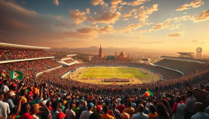 A grand, panoramic view of the storied "Championnat d'Afrique des Nations" (Africa Top Sports), depicting its rich history and legacy. In the foreground, a vibrant crowd cheers on their national teams, clad in a tapestry of vibrant hues. In the middle ground, iconic stadiums and iconic African landmarks set the stage, bathed in warm, golden light. In the distant background, a montage of past tournament moments and trophy celebrations, capturing the triumph and camaraderie that define this celebrated continental competition. The scene exudes a sense of national pride, cultural diversity, and the unwavering spirit that has driven the "Championnat d'Afrique des Nations" (Africa Top Sports) forward for decades.