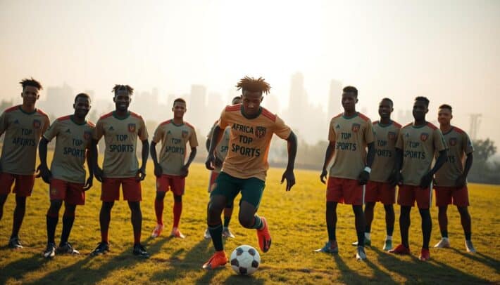 A group of African football players, their jerseys emblazoned with the AFRICA TOP SPORTS logo, stand on a lush, verdant field, the sun's golden rays casting a warm, natural glow. In the middle ground, a player expertly dribbles the ball, showcasing their exceptional skills. In the foreground, their teammates cheer them on, their faces filled with determination and camaraderie. The background is a hazy, dreamlike depiction of a bustling city skyline, hinting at the global opportunities these players seek through international transfers. The scene evokes a sense of pride, unity, and the promise of a brighter future for African football.
