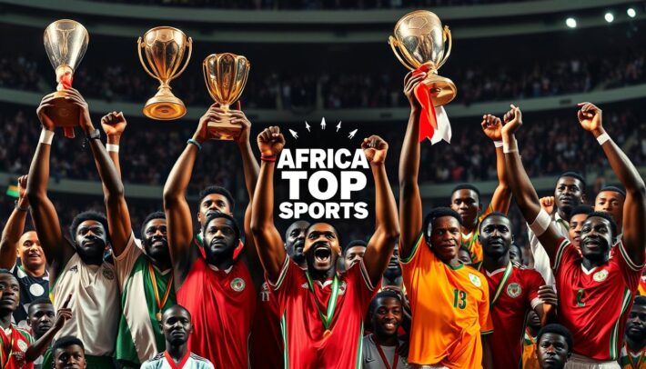 A group of legendary African football champions, their victorious poses captured in a dramatic, action-packed scene. In the foreground, iconic players raise their trophies triumphantly, their muscular frames and determined expressions exuding power and pride. The middle ground features a dynamic crowd of fans and onlookers, their jubilant faces and colorful regalia creating a vibrant, celebratory atmosphere. In the background, a stylized "Africa Top Sports" logo serves as a unifying emblem, framing the grand spectacle of these legendary vainqueurs du football africain.