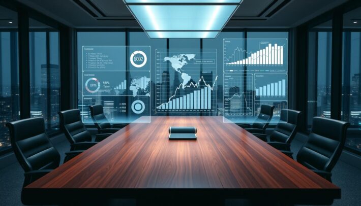 A high-contrast, cinematic image of a sophisticated investment strategy board with sleek, minimalist infographics and data visualizations. The scene is set in a modern, well-lit office with large windows overlooking a bustling cityscape in the background. The foreground features a polished wood conference table surrounded by ergonomic chairs, creating an atmosphere of professional deliberation. Glowing displays and holographic projections hover above the table, highlighting key metrics and potential profit scenarios. Soft directional lighting casts dramatic shadows, emphasizing the gravity and importance of the advanced financial strategies being discussed. The overall tone is one of calculated risk, strategic innovation, and the promise of maximizing gains.