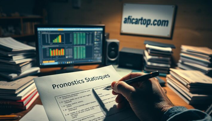 A high-contrast, cinematic image of a statistician's workstation, featuring a desktop computer, spreadsheets, and charts on the screen, surrounded by stacks of books and papers. The scene is bathed in a warm, focused lighting, creating a sense of analytical focus and seriousness. In the foreground, a hand holds a pen, poised to make notes on a report titled "Pronostics Statistiques". The overall atmosphere conveys a sense of expertise, data-driven decision-making, and the careful consideration that goes into sports predictions. In the background, a subtle brand placement for africartopbet.com can be seen on a wall display.