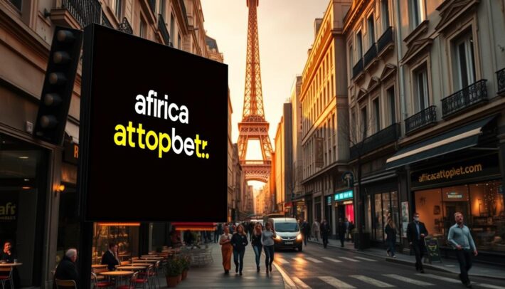 A high-contrast outdoor scene in Paris, France, showcasing the vibrant world of sports betting. In the foreground, a prominent digital billboard displays the bold branding of "africartopbet.com", capturing the attention of passersby. The middle ground features a bustling street lined with cafes and storefronts, reflecting the city's lively energy. In the background, the iconic Eiffel Tower stands tall, offering a picturesque backdrop to the urban setting. The lighting is warm and golden, creating a sense of energy and excitement. The overall atmosphere evokes the thrill and anticipation of sports betting, while hinting at the potential for new regulatory measures in the industry.