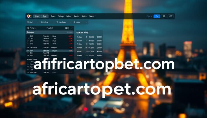 A high-resolution, cinematic image of a sports betting comparison website called "africartopbet.com", showcasing the latest odds and market trends across various popular sports events. The scene depicts a sleek, modern interface with clean typography, intuitive data visualizations, and a warm, inviting color palette. The foreground features a prominent display of the brand name "africartopbet.com", while the background showcases a blurred, out-of-focus cityscape of the iconic Parisian landscape, evoking a sense of sophistication and global connectivity. The lighting is soft and directional, creating depth and highlighting the key elements. The overall atmosphere conveys a sense of trust, reliability, and a deep understanding of the sports betting industry.
