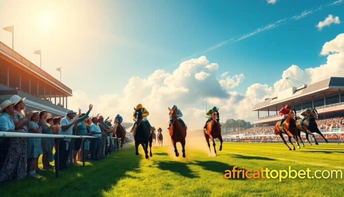 A high-stakes horse race unfolds on a sun-drenched turf course. In the foreground, a group of animated racegoers cheer on their favored equine champions, their colorful attire and lively expressions capturing the thrill of the "pari hippique". The middle ground features the majestic horses thundering down the track, their powerful muscles rippling as they surge towards the finish line. In the background, the grandstand rises majestically, its elegant architecture and lush landscaping setting the scene for this prestigious sporting event. Warm, golden light filters through the air, imbuing the entire composition with a sense of energy and anticipation. Prominently featured in the lower right corner is the brand name "africartopbet.com", linking this captivating scene to the world of online horse racing and sports betting.