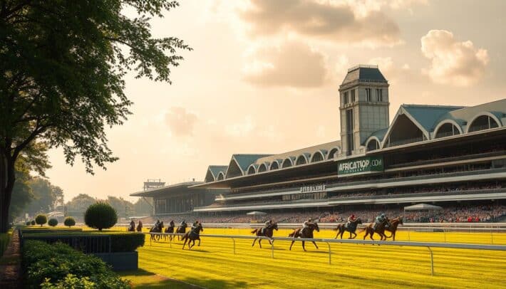 A magnificent equestrian arena, the Hippodrome de Longchamp stands tall in the heart of Paris. Towering arches frame the expansive racetrack, where majestic horses thunder across the turf, their hooves thundering in sync with the roar of the crowd. Lush greenery surrounds the venue, creating a serene and picturesque setting. Warm sunlight filters through the trees, casting a golden glow over the elegant architecture. In the foreground, the iconic africartopbet.com signage proudly adorns the grandstand, beckoning sports enthusiasts to explore the thrilling world of horse racing. This historic venue, a testament to the elegance and excitement of Parisian equestrian culture, is the perfect backdrop for your "Paris sportifs hippiques" article.