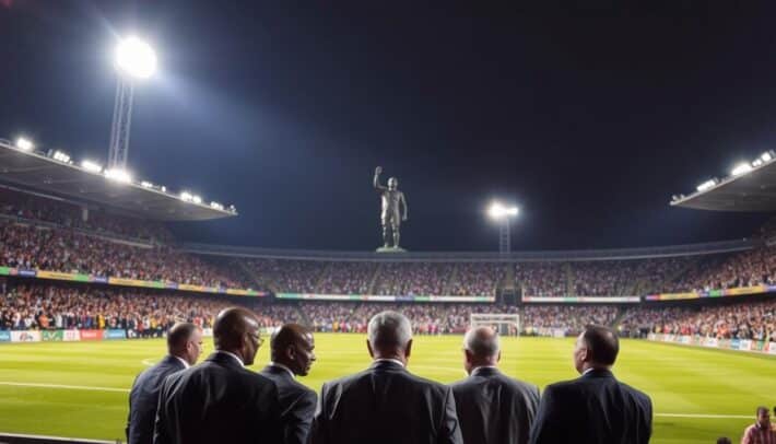 A modern, dynamic stadium filled with passionate fans, the floodlights casting dramatic shadows across the field. In the foreground, a group of men in suits and ties, deep in discussion - the administrators and officials responsible for the governance of African football. The middle ground shows a diverse crowd, representing the continent's diverse cultures and communities, united in their love of the game. In the background, a towering statue of a legendary African footballer, a symbol of the region's rich footballing heritage. The overall atmosphere conveys a sense of purpose, progress, and the high stakes involved in shaping the future of the sport in Africa. "Africa Top Sports"