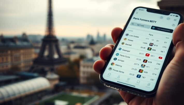 A modern, sleek mobile application interface showcasing sports betting features. In the foreground, a handheld device displays a clean, intuitive user experience with easy navigation, live odds, and a range of betting options. The middle ground features subtle animations and subtle visual cues, guiding the user through the process. The background depicts a blurred cityscape of Paris, with iconic landmarks like the Eiffel Tower, hinting at the global reach and appeal of this sports betting application. The overall mood is one of sophistication, efficiency, and the thrill of sports betting, catering to the tech-savvy, on-the-go sports enthusiast.