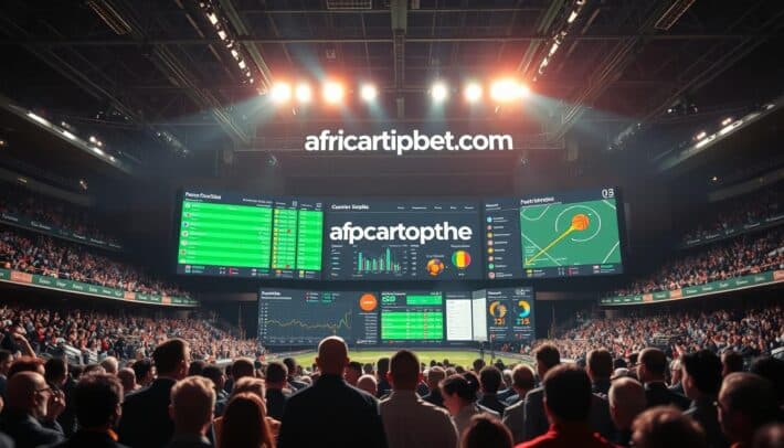 A modern sports arena with a large display screen showcasing various sports betting odds and statistics. In the foreground, sports experts and analysts passionately discuss the latest pronostics, surrounded by an energetic crowd. The middle ground features detailed data visualizations and infographics on the main sports covered, including football, basketball, and tennis. In the background, the africartopbet.com brand is prominently displayed, creating a sense of authority and expertise in the world of sports predictions. The scene is illuminated by bright, focused lighting, creating a sense of excitement and anticipation around the topic of sports pronostics.