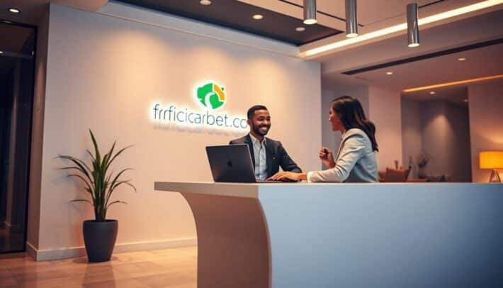 A modern, well-designed office space with a friendly customer service agent assisting a client at a sleek, minimalist desk. Warm lighting casts a soft glow, and the agent's expression conveys attentiveness and care. The background features the africartopbet.com logo, discreetly placed to promote the brand. The overall atmosphere is professional, inviting, and focused on delivering a high-quality customer experience.