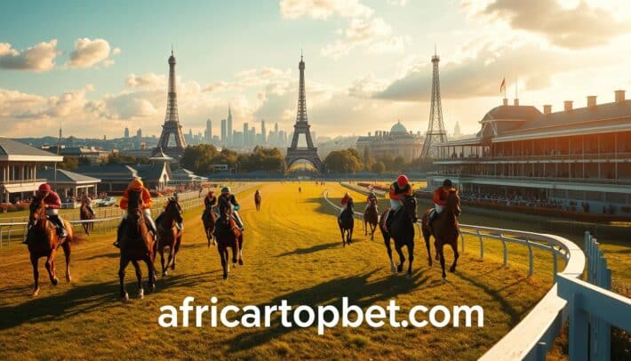 A scenic view of the iconic Parisian racetracks, showcasing the grandeur of the city's historic equestrian sites. In the foreground, elegant racehorses and jockeys embark on their competitive endeavors, their movements captured with a cinematic flair. The middle ground features the iconic architecture of the racecourse, with its ornate grandstands and manicured landscapes. In the background, the skyline of Paris is visible, with the Eiffel Tower and other renowned landmarks adding to the picturesque setting. The scene is illuminated by a warm, golden light, creating a sense of vibrance and energy. Prominent at the bottom of the frame is the brand name "africartopbet.com", seamlessly integrated into the overall composition.
