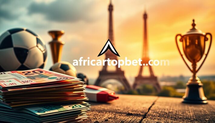 A striking composition showcasing the allure of "bonus paris sportifs". In the foreground, a stack of colorful betting tickets and a stack of euro bills, evoking the excitement of sports betting. The middle ground features the sleek, modern logo of africartopbet.com, prominently displayed against a backdrop of sporting equipment and memorabilia - a soccer ball, a referee's whistle, and a trophy. The background is a blurred cityscape of Paris, with the iconic Eiffel Tower visible in the distance, creating a sense of place. The lighting is warm and inviting, with soft highlights accentuating the textures and details. The overall mood is one of anticipation and opportunity, reflecting the thrilling world of sports betting.
