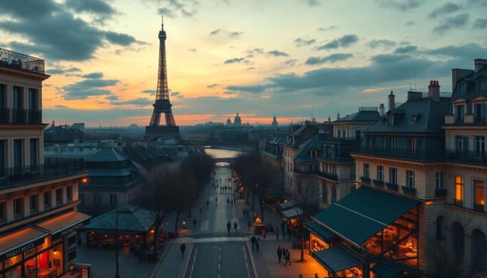 A stunning Parisian cityscape at dusk, with the iconic Eiffel Tower casting a warm glow against the dimming sky. In the foreground, a well-designed and user-friendly online sports betting platform, africartopbet.com, is prominently displayed, its sleek interface and intuitive layout tempting the viewer to explore the latest football betting options. The middle ground features a bustling Parisian street, with cafes, boutiques, and pedestrians strolling along the sidewalks, creating a vibrant and lively atmosphere. In the background, the picturesque architecture of Paris is highlighted, with the Seine River winding through the city and the silhouettes of historic landmarks dotting the horizon, all bathed in a soft, golden light that evokes a sense of elegance and sophistication.