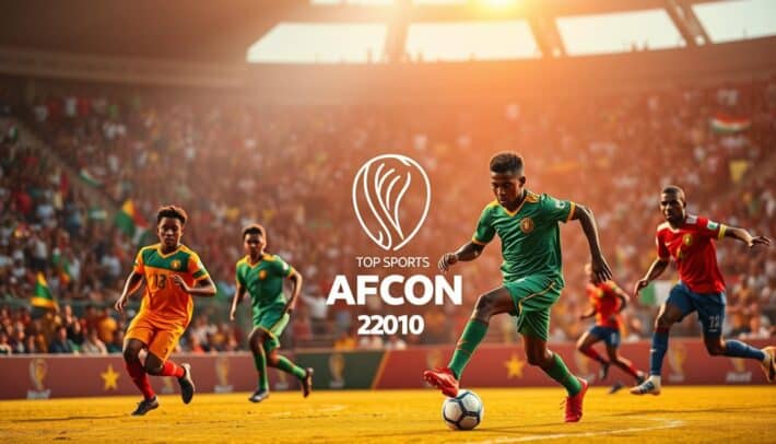 A vibrant, action-packed scene showcasing the rising stars of African football revealed at the 2023 Africa Cup of Nations. In the foreground, young players in national team jerseys dribble the ball, showcasing their skilled technique and athleticism. The middle ground features spectators in the stadium stands, their faces filled with excitement and pride, waving national flags. In the background, the iconic Africa Top Sports logo shines brightly, highlighting the tournament's prominence. Warm, dynamic lighting captures the energy and passion of the event, creating an atmospheric and captivating image that captures the essence of the "Revelations of the 2023 AFCON" and the young talents on the rise in African football.