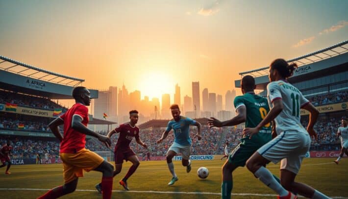 A vibrant and dynamic African football partnership, captured in a cinematic composition. In the foreground, a diverse group of players engage in a passionate game, their athletic movements frozen in time by a high-speed camera. The middle ground features a bustling stadium, its stands filled with enthusiastic fans waving flags and banners that read "AFRICA TOP SPORTS". The background showcases the breathtaking skyline of a modern African city, bathed in warm, golden light from the setting sun. The overall atmosphere conveys a sense of unity, determination, and the immense potential of African football.