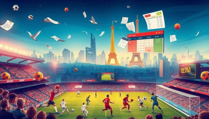 A vibrant and dynamic illustration showcasing a variety of popular sports betting options. In the foreground, a sports stadium scene with athletes competing in various sports disciplines, such as soccer, basketball, and American football. In the middle ground, an array of betting slips, digital betting interfaces, and sports statistics displayed on screens. In the background, a cityscape of Paris with iconic landmarks like the Eiffel Tower, creating a sense of place. The overall composition uses a warm color palette and dramatic lighting to convey the excitement and energy of the sports betting industry. The image captures the diversity of sports betting opportunities available to the viewer, reflecting the article's subject matter.