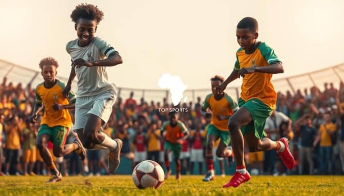 A vibrant and dynamic scene depicting the emerging talents of African football. In the foreground, a group of young, skilled players showcase their dribbling prowess and technical abilities, their expressions exuding determination and passion. The middle ground features a lush, verdant field, with the iconic Africa Top Sports logo prominently displayed, symbolizing the continent's rising football prowess. In the background, a diverse crowd of spectators cheers enthusiastically, capturing the excitement and energy of the next generation of African football stars. The lighting is warm and natural, highlighting the players' athletic physiques and the vibrancy of the scene. The overall composition and mood convey a sense of optimism, potential, and the unstoppable rise of African football.