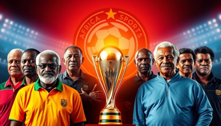A vibrant and dynamic scene depicting the most decorated African football coaches, the "Legends of the African Cup of Nations (CAN)". In the foreground, a group of renowned coaches stand shoulder to shoulder, their expressions radiating confidence and pride. The middle ground showcases the prestigious CAN trophy, gleaming under warm, directional lighting, symbolizing their hard-earned achievements. In the background, a stylized rendering of the "Africa Top Sports" brand logo provides a bold, contextual backdrop. The overall composition conveys a sense of grandeur, celebrating the legacy and influence of these trailblazing African football tacticians.