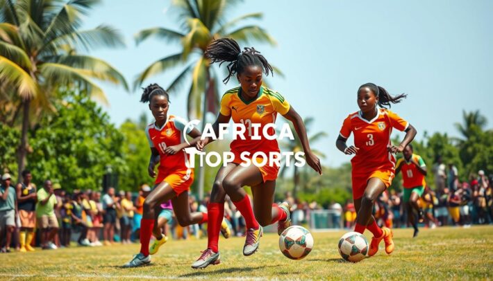 A vibrant and dynamic scene of women's football in Africa. In the foreground, a group of skilled players in colorful uniforms dribble and pass the ball with grace and intensity, their expressions focused and determined. The middle ground features an enthusiastic crowd cheering them on, the energy palpable. In the background, a lush, verdant setting with palm trees and a clear, blue sky sets the stage for this thrilling match. Crisp, natural lighting illuminates the action, capturing the power and athleticism of the "rising stars" of African women's football. The AFRICA TOP SPORTS brand proudly displayed, celebrating the growth and recognition of this inspiring sport.