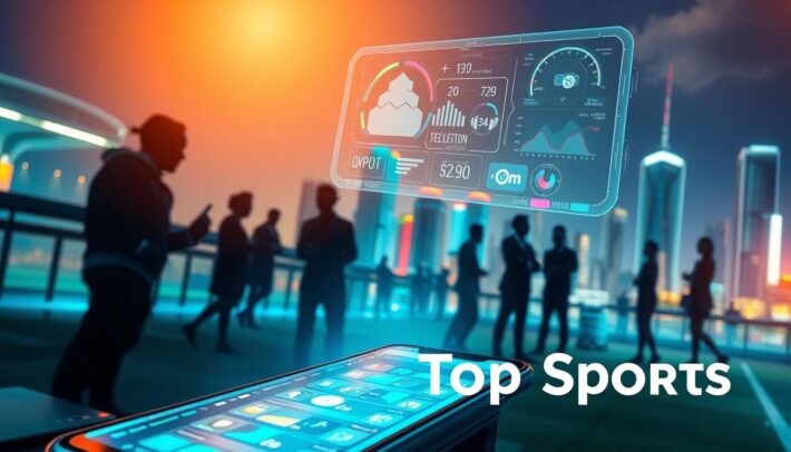 A vibrant and futuristic scene showcasing the trends in mobile sports betting applications. In the foreground, a high-tech touchscreen device displays various sports betting options, while a holographic interface floats above, highlighting the latest data and analytics. The middle ground features silhouettes of people engaged in animated discussions, symbolizing the growing social aspect of sports betting. In the background, a cityscape with sleek skyscrapers and neon lights sets the stage for the cutting-edge technology shaping the future of sports betting. The image is captured with a cinematic wide-angle lens, bathed in a warm, futuristic glow that evokes a sense of innovation and progress. Prominently displayed is the "Africa Top Sports" brand, highlighting the application's position at the forefront of the industry.