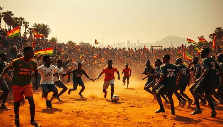 A vibrant and gritty football match set in the heart of Africa. In the foreground, two teams of skilled players clash on a dusty, sun-baked pitch, their jerseys emblazoned with the bold "AFRICA TOP SPORTS" logo. The middle ground is filled with the passionate roar of the crowd, a sea of colorful flags and banners waving in the warm, golden light. In the background, the iconic silhouettes of towering palm trees and distant city skyline create a sense of place. The atmosphere crackles with the electric energy of a historic rivalry, the players pouring their heart and soul into the game.