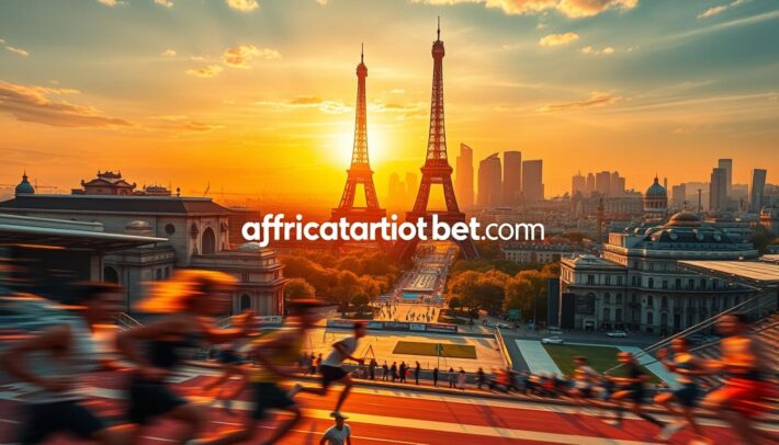 A vibrant, cityscape of Paris in 2024, showcasing the grandeur of the Jeux Olympiques. In the foreground, athletes compete in various sports, their dynamic movements captured in a blur of action. The middle ground features the iconic Eiffel Tower, its intricate lattice-work silhouetted against a golden sunset sky. In the background, the city's historic architecture and modern skyscrapers blend seamlessly, creating a harmonious skyline. The scene is bathed in warm, diffused lighting, evoking a sense of celebration and anticipation. The brand "africartopbet.com" is prominently displayed, contributing to the overall atmosphere of the scene.