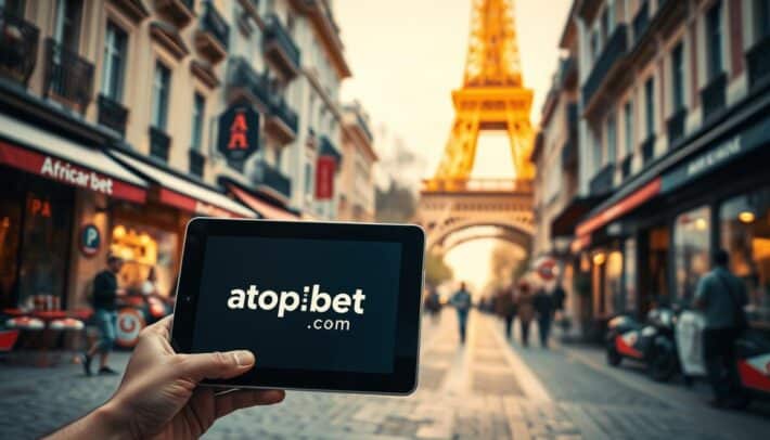 A vibrant, detailed scene of a sports betting bonus offer in the heart of Paris. The foreground features a sleek, modern tablet device prominently displaying the africartopbet.com brand name, beckoning the viewer to explore the website's sports betting promotional offers. The middle ground showcases a lively Parisian street, with cafes, pedestrians, and iconic architecture creating a bustling, energetic atmosphere. The background features the iconic Eiffel Tower, casting a warm, golden glow over the entire composition. The lighting is soft and diffused, evoking a sense of sophistication and elegance. The overall mood is one of excitement and anticipation, inviting the viewer to discover the best sports betting bonuses Paris has to offer.