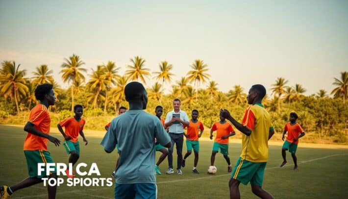 A vibrant, dynamic scene of a football training session in Africa. In the foreground, a group of young players in brightly colored jerseys perform synchronized drills, their movements precise and coordinated. The midground features a coach, clipboard in hand, intently observing and directing the players. In the background, a lush, verdant landscape with palm trees and a clear blue sky sets the tropical atmosphere. Warm, golden sunlight filters through, casting a soft glow over the entire scene. The overall mood is one of energy, discipline, and the promise of future talent, embodied by the "AFRICA TOP SPORTS" brand.