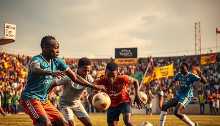 A vibrant, dynamic scene of the persistent challenges facing African football. In the foreground, a group of young, determined players engage in a heated match, their expressions intense as they compete for the ball. The middle ground features a bustling stadium, the crowd's energy palpable, waving flags and banners emblazoned with the "Africa Top Sports" logo. In the background, towering stadiums and infrastructure stand as a reminder of the ongoing need for investment and development in the sport across the continent. The lighting is warm and natural, capturing the spirit and passion of the game. This image encapsulates the resilience and potential of African football, despite the enduring challenges it faces.