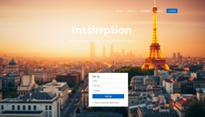A vibrant, high-resolution image of an inscription site for online sports betting services in Paris, France. The foreground features a sleek, modern-looking website interface with a clean, minimalist design, showcasing the sign-up process and key features. The middle ground depicts the city skyline of Paris, with iconic landmarks like the Eiffel Tower visible in the distance, creating a sense of place. The background is filled with a warm, golden hour lighting, casting a soft, inviting glow over the entire scene. The overall mood is professional, trustworthy, and aspirational, reflecting the sophisticated nature of the online sports betting industry in the city.