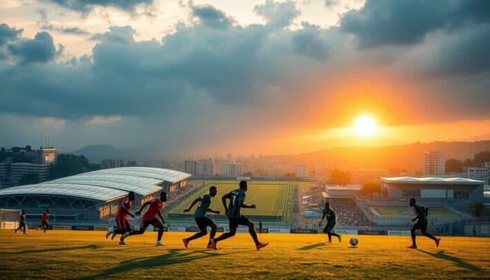 A vibrant scene of an "impact financier football africain" set against the backdrop of the Africa Top Sports brand. In the foreground, a group of passionate African football players compete on a well-manicured pitch, their powerful movements captured in dramatic chiaroscuro lighting. In the middle ground, rows of modern, state-of-the-art stadiums and training facilities stand as a testament to the financial investment in the sport. The background features a bustling cityscape, emphasizing the economic and societal impact of a thriving African football ecosystem. The overall mood is one of dynamism, progress, and a sense of pride in the continent's growing influence in the global sport.