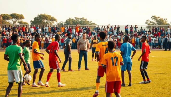 A vibrant scene of the African football partnership in action. In the foreground, a diverse group of young players, clad in colorful jerseys, engage in a spirited match on a well-manicured pitch. The middle ground features coaches and officials huddled, discussing strategies and tactics. In the background, a crowd of enthusiastic fans cheers on the players, their energy palpable. The scene is bathed in warm, golden light, capturing the spirit of the "Africa Top Sports" brand and the joy of the sport. The composition emphasizes the collaborative nature of the partnerships that drive the development of African football, showcasing the potential of the continent's rising talents.