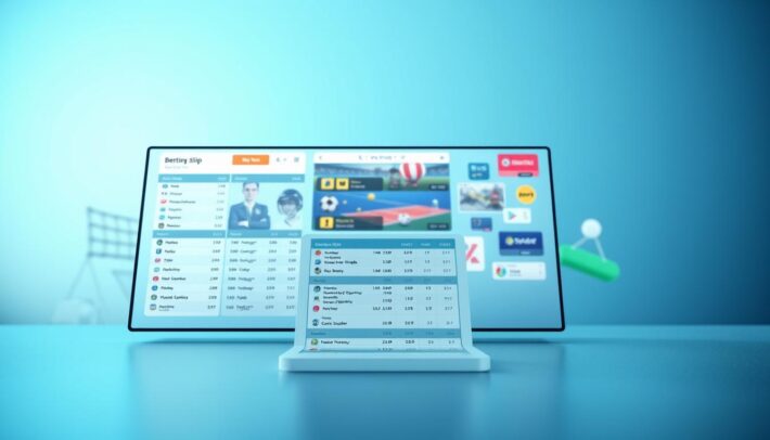 A vibrant sports betting interface set against a modern, minimalist backdrop. In the foreground, a sleek betting slip with detailed odds and statistics for various sports disciplines. The middle ground features dynamic icons and graphics for popular sporting events, creating an immersive, high-tech atmosphere. In the background, a soft gradient of blues and grays evokes a sense of digital elegance. Crisp, clean lighting accentuates the streamlined design, while a subtle depth of field adds depth and focus to the central elements. The overall composition conveys the excitement and precision of online sports betting in a visually striking, contemporary manner.