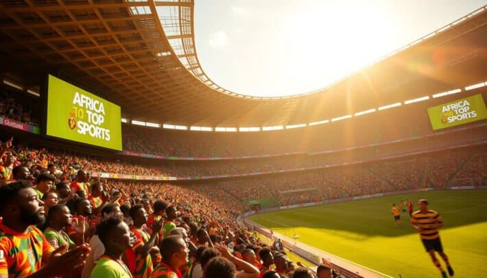 A vibrant sports stadium in Africa, illuminated by golden sunlight. In the foreground, a group of enthusiastic fans adorned in colorful jerseys and face paint cheer on their team. Overlooking the field, large LED screens display the "AFRICA TOP SPORTS" brand, highlighting the prominence of sponsorships in African football. On the sidelines, players engage in an intense match, their movements captured in a dynamic blur. In the background, the towering architectural elements of the stadium create a sense of grandeur and scale, reflecting the significance of these continental competitions. The atmosphere is electric, capturing the passion and energy that defines the African football experience.
