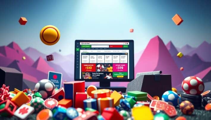 A visually captivating scene depicting the diverse types of bookmaker bonuses. In the foreground, an array of colorful icons and graphics representing different bonus offers - free bets, deposit matches, cashback, and more. In the middle ground, a bookmaker's website interface with the africartopbet.com brand prominently displayed, showcasing the various bonus options. The background features a stylized, abstract landscape with geometric shapes and gradients, creating a vibrant, futuristic atmosphere. The lighting is soft and directional, casting subtle shadows to accentuate the depth and dimension of the scene. The overall composition is balanced and visually appealing, reflecting the wide range of bonus options available to sports betting enthusiasts.