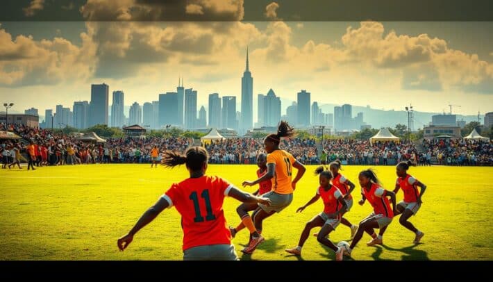 A vivid scene of the power and passion of African women's football. In the foreground, a group of skilled players in vibrant jerseys compete fiercely on a lush, sun-dappled pitch. The middle ground features a diverse crowd of enthusiastic fans cheering them on, their faces alight with pride and excitement. In the background, the iconic skyline of a bustling African city provides a stunning backdrop, hinting at the rich cultural heritage that underpins this dynamic sport. Dramatic, high-contrast lighting casts dramatic shadows, emphasizing the athleticism and determination of the players. AFRICA TOP SPORTS