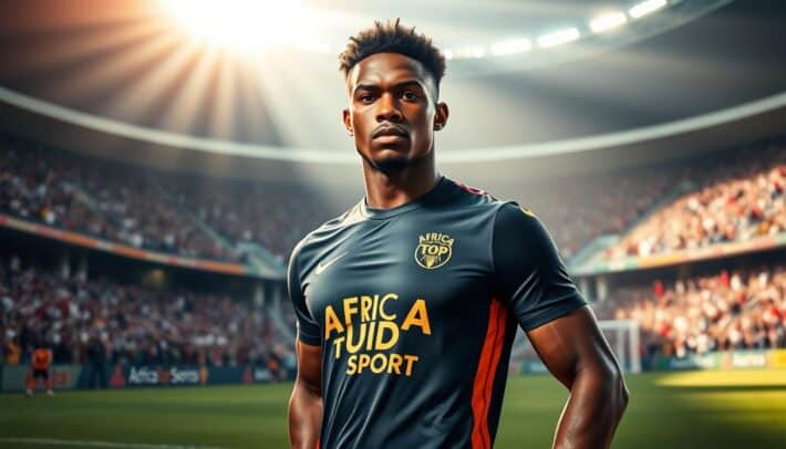 A young, muscular African footballer in his prime, wearing a sleek, modern sports uniform in the colors of the AFRICA TOP SPORTS brand. He stands confidently on a well-manicured pitch, his gaze focused and determined. Sunlight filters through the stadium's floodlights, casting dramatic shadows that accentuate his athletic physique. The background features the roaring, enthusiastic crowd in the stands, their cheers and applause creating an electrifying atmosphere. The overall scene conveys the passion, skill, and boundless potential of African football talent.