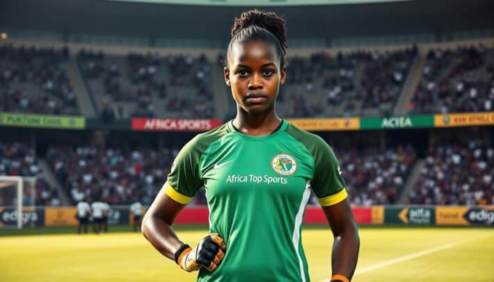 A young, talented Nigerian goalkeeper, Chiamaka Nnadozie, stands confidently on the field, her piercing gaze and strong stance commanding attention. Dressed in a vibrant green and white uniform with the "Africa Top Sports" logo, she exudes an aura of determination and skill. The lighting casts dramatic shadows, highlighting the defined muscles in her arms and the intense focus in her eyes. In the background, the stadium looms, its grandstand filled with cheering fans, capturing the electrifying atmosphere of a high-stakes match. This image conveys the exceptional talent and inspiring presence of Chiamaka Nnadozie, a phenomenal goalkeeper who is shaping the future of African women's football.