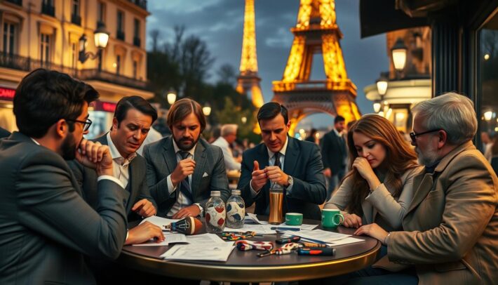 An elegant Parisian street scene at dusk, with the iconic Eiffel Tower in the distance. In the foreground, a group of well-dressed sports fans gather around a cafe table, engrossed in intense discussions about the latest sports events and betting odds. Their expressions range from excitement to frustration, hinting at the common pitfalls and mistakes that newcomers often make when navigating the world of sports betting. The middle ground features various sports memorabilia and betting slips scattered on the table, creating a sense of the high stakes and potential for both rewards and losses. The background is softly lit, with a sense of melancholy and the hustle and bustle of the city at night, underscoring the nuanced emotions and risks inherent in the sport betting experience.