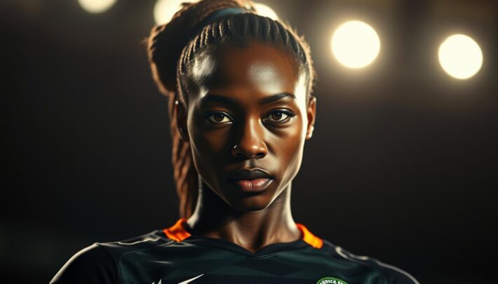 Asisat Oshoala, the graceful and powerful Nigerian soccer star, stands tall in a striking close-up portrait. Dramatic lighting illuminates her determined expression, casting dramatic shadows across her sculpted features. Her uniform, emblazoned with the "Africa Top Sports" logo, conveys her elite athleticism. The image is captured with a cinematic, 35mm lens perspective, creating a sense of intimate connection with the viewer. The background is softly blurred, keeping the focus squarely on Oshoala's captivating presence. This image perfectly encapsulates the strength, skill, and inspiring spirit of this trailblazing African footballer.