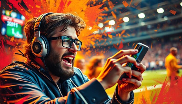 Créez une image représentant un parieur sportif relevant un défi hebdomadaire sur son téléphone.