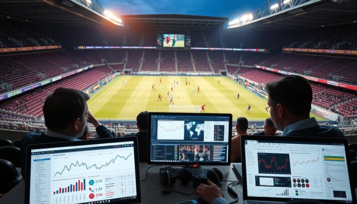 Detailed analysis of sports matches, featuring a well-lit stadium with rows of seats, a scoreboard, and players in action on the field. The foreground shows a team of data analysts and sports experts poring over statistics and game footage, with charts and graphs displayed on their laptops. The middle ground captures the intensity of the match, with players dribbling, passing, and shooting the ball. The background showcases the larger context of the event, with spectators in the stands and the stadium architecture. The overall mood is one of focused concentration and strategic evaluation, reflecting the process of in-depth sports analysis.
