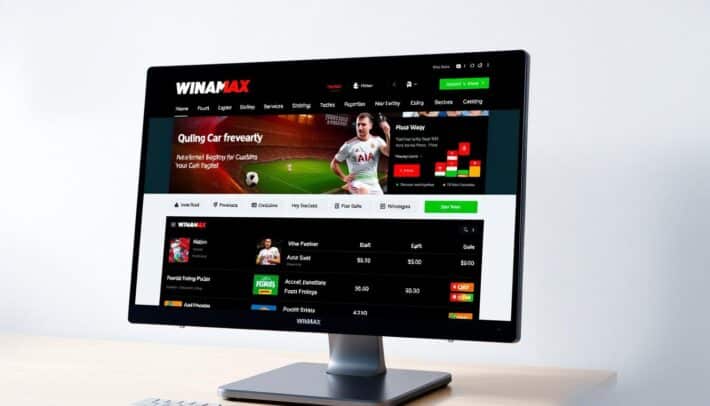 Image de Winamax sur un écran d'ordinateur avec une page d'accueil affichant diverses options de paris sportifs
