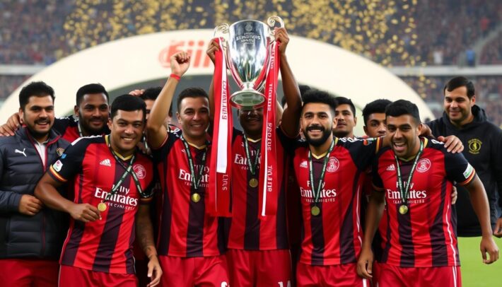 Image de l'équipe de l'Espérance Sportive de Tunis avec le trophée de la Ligue des Champions CAF