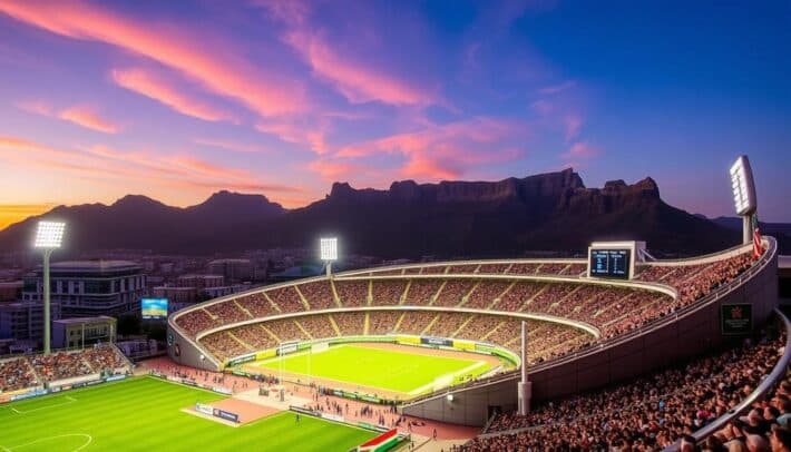 Image du Cape Town Stadium avec la montagne de la Table en arrière-plan