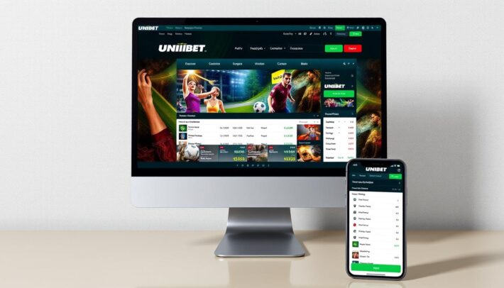 Image d'une interface utilisateur d'Unibet sur un ordinateur et un mobile